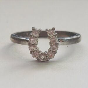 Vintage estate sale Silver tone Horseshoe Ring with Pink Stones - size 6